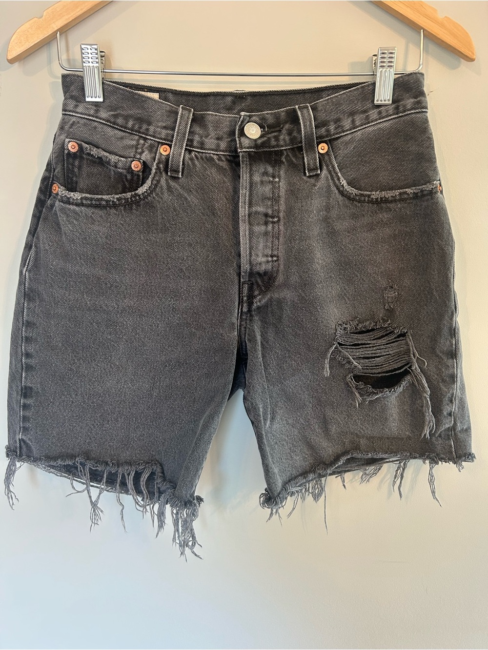 Levi's 501 90s Black Distressed High Rise Jean Shorts Size 26 Jorts Big E